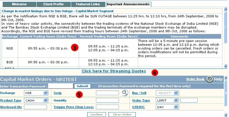 NRI clients access various options through this post-login screen of the trading website.