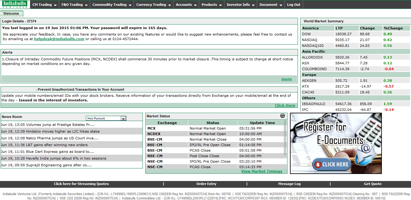 post-login page of Indiabulls website